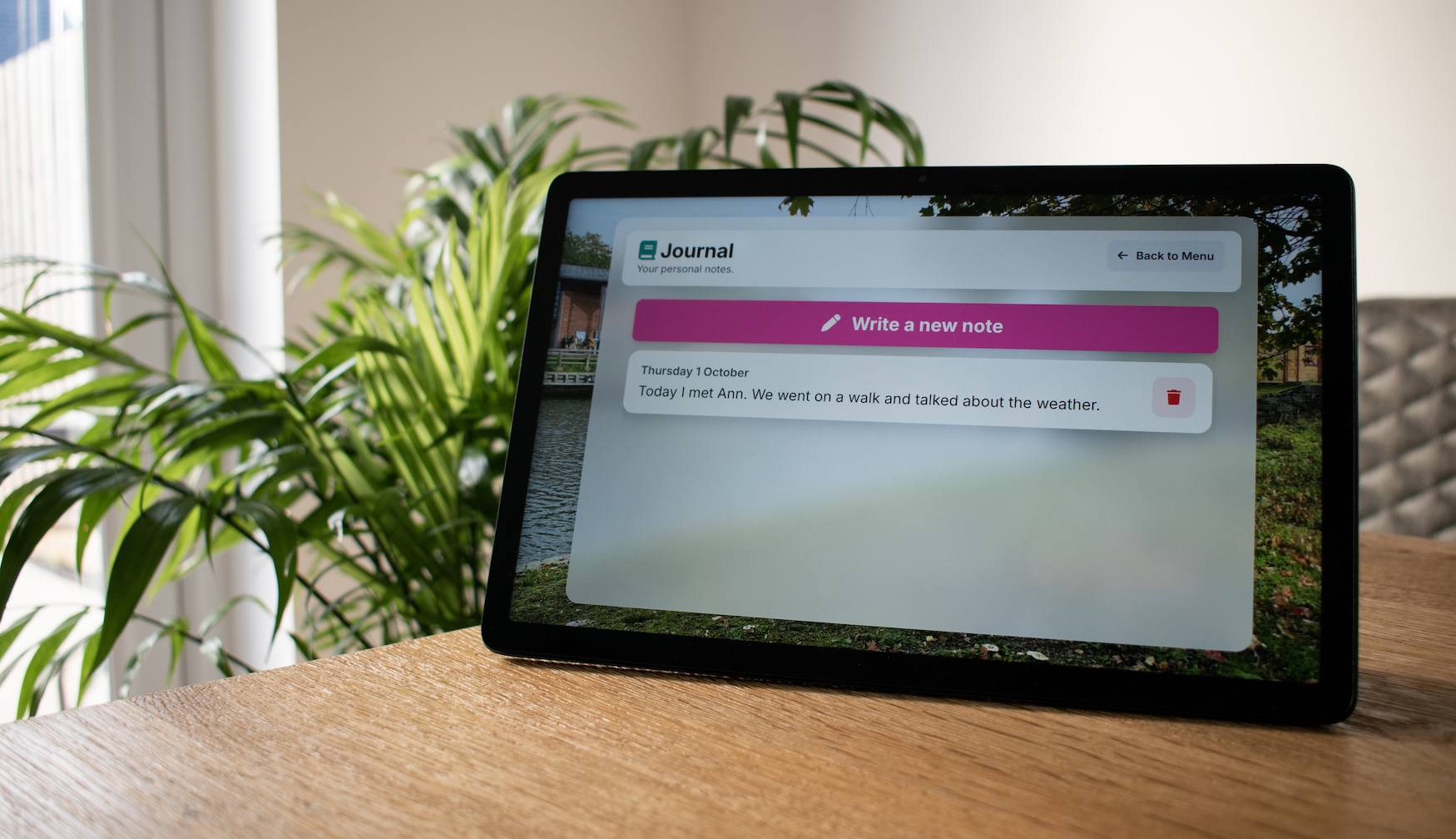 tablet on a desk showing the Valeria home screen