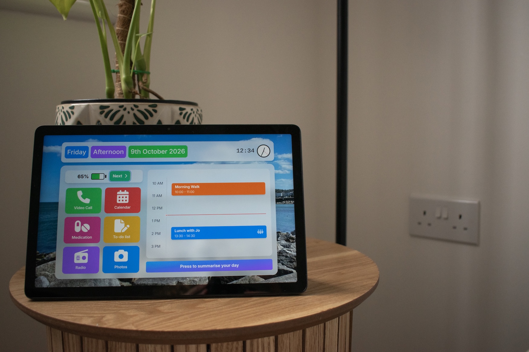 tablet on a desk showing the Valeria home screen