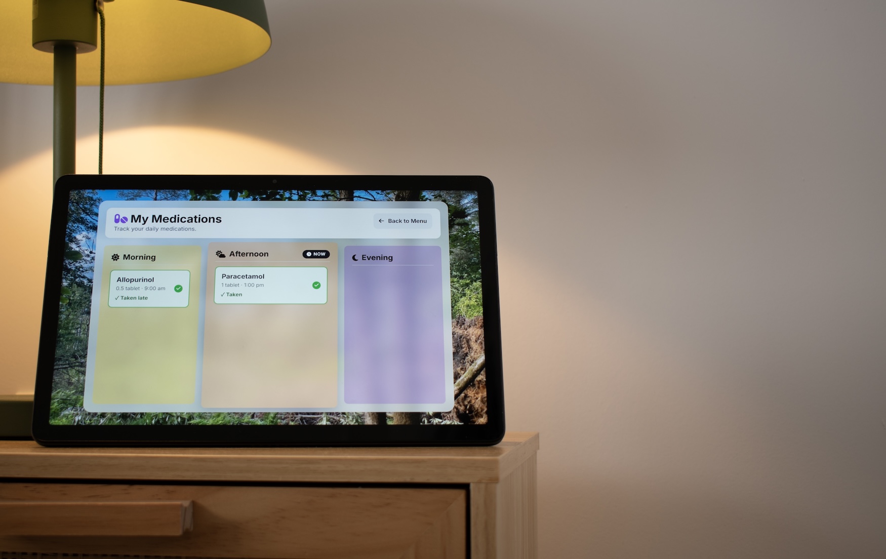 tablet on a desk showing the Valeria home screen